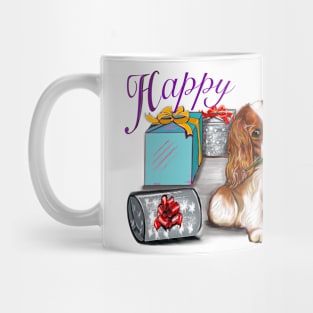 Happy birthday Cavoodle puppy dog with rose in its mouth surrounded by gifts ii. Cavapoo birthday Mug